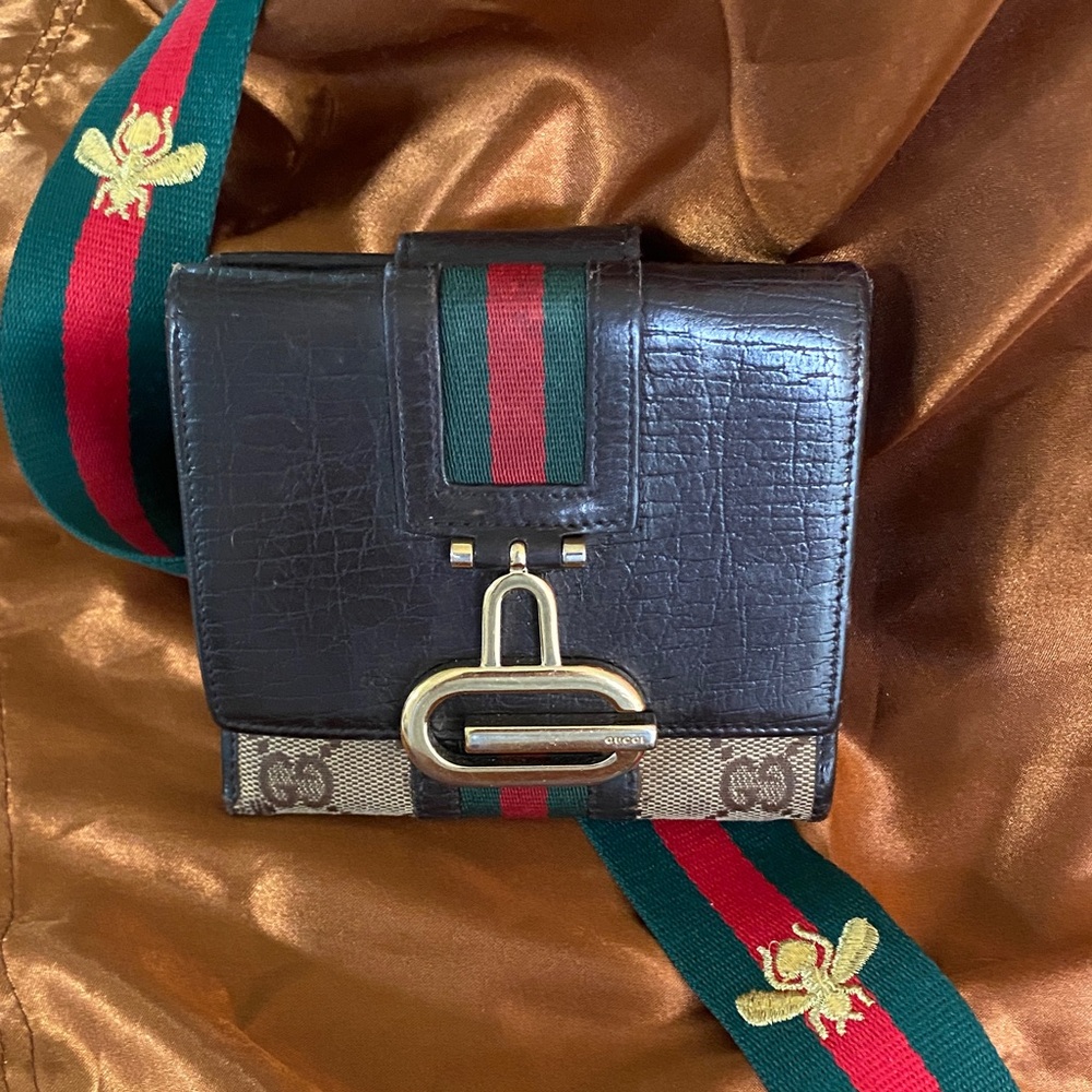 Gucci Brown Leather Wallet with Red and Green Stripe Sherry Line